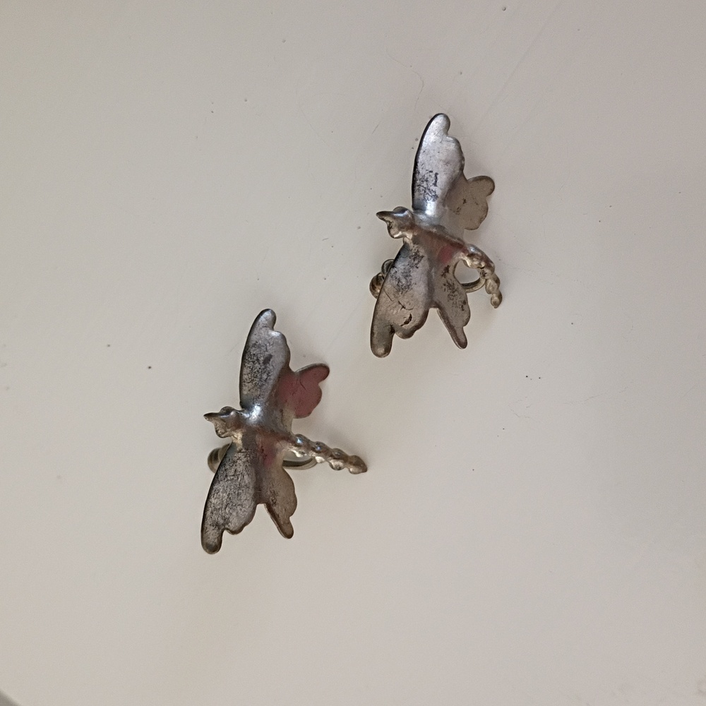 Vinyage Sterling Silver Butterfly / Dragonfly Screw On Earrings - Pair